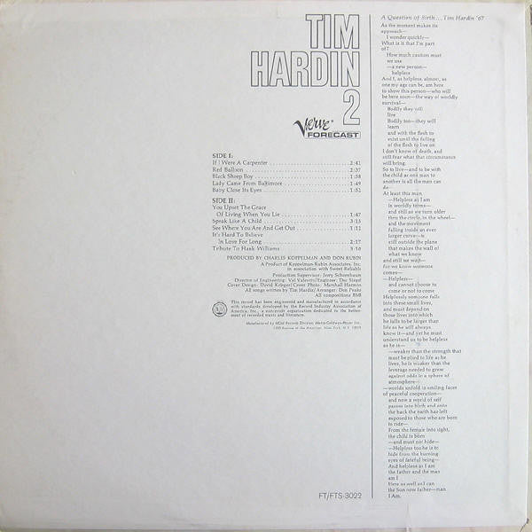 Tim Hardin - Tim Hardin 2 (LP, Album) (Good Plus (G+)) - Image 2