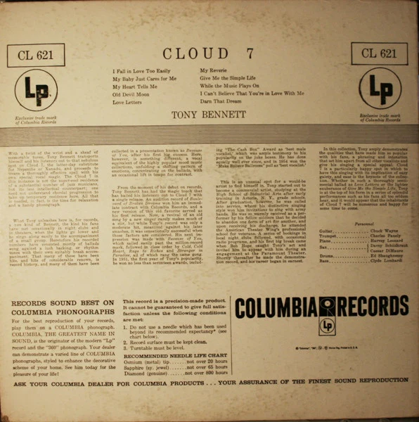 Tony Bennett Featuring Chuck Wayne - Cloud 7 (LP, Album, Mono) (Very Good (VG)) - Image 2