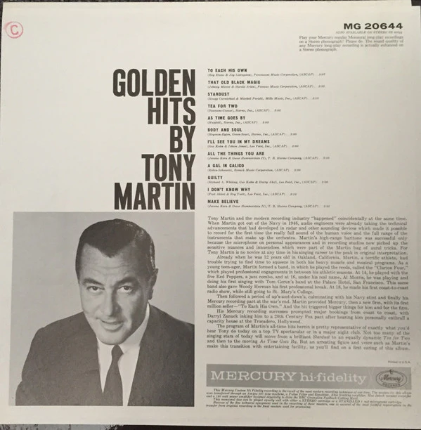 Tony Martin  - Golden Hits (LP, Comp, Mono) (Near Mint (NM or M-)) - Image 2