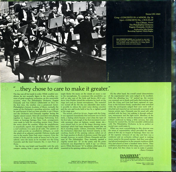 Van Cliburn · Eugene Ormandy · The Philadelphia Orchestra – Edvard Grieg / Franz Liszt - Concerto In A Minor / Concerto No. 1 In E-Flat (LP, Album, Ind) (Very Good (VG)) - Image 2