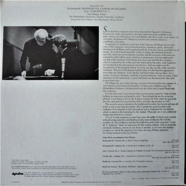 Van Cliburn, Sergei Vasilyevich Rachmaninoff / Franz Liszt, The Philadelphia Orchestra, Eugene Ormandy - Rhapsody On A Theme Of Paganini / Concerto No. 2 In A (LP, Album) (Very Good Plus (VG+)) - Image 2