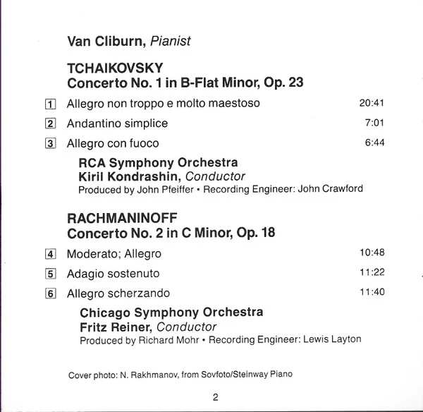 Van Cliburn, Tchaikovsky* - Kondrashin* / RCA Symphony* / Rachmaninov* - Reiner* / Chicago Symphony* - Concerto No. 1 / Concerto No. 2 (CD, Comp, RE, RM) (Near Mint (NM or M-)) - Image 4