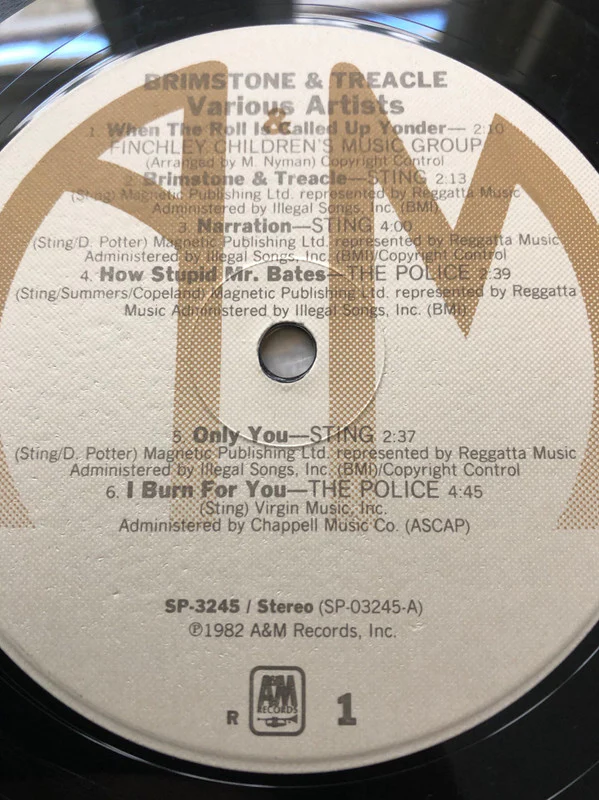 Various Featuring The Police, Sting, Go-Go's & Squeeze - Brimstone & Treacle (Original Soundtrack Album) (LP, Comp) (Near Mint (NM or M-)) - Image 2