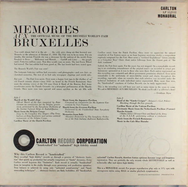 Various - Memories Aux Bruxelles (LP, Mono) (Very Good Plus (VG+)) - Image 2