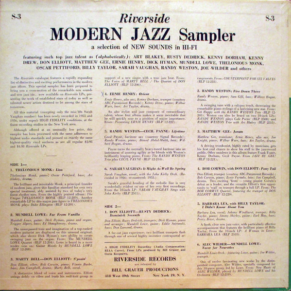 Various - Riverside Modern Jazz Sampler (LP, Mono, Smplr) (Very Good (VG)) - Image 2