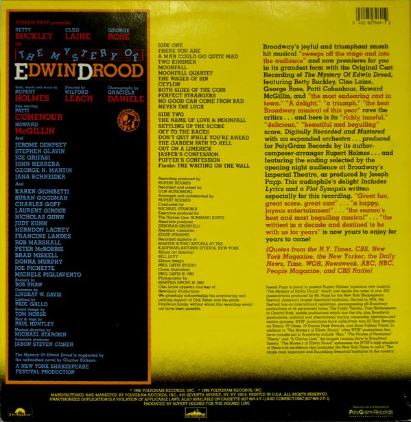 Various - The Mystery Of Edwin Drood (Original Broadway Cast Recording) (LP) (Very Good Plus (VG+)) - Image 2