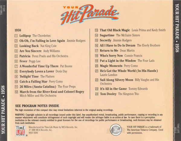 Various - Your Hit Parade 1958 (CD, Comp, RM) (Near Mint (NM or M-)) - Image 2