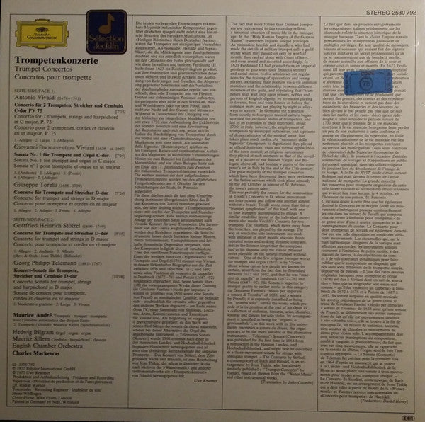 Antonio Vivaldi • Giovanni Buonaventura Viviani • Giuseppe Torelli • Gottfried Heinrich Stölzel • Georg Philipp Telemann - Maurice André • English Chamber Orchestra • Sir Charles Mackerras - Trompetenkonzerte = Trumpet Concertos (LP) (Near M - Image 2