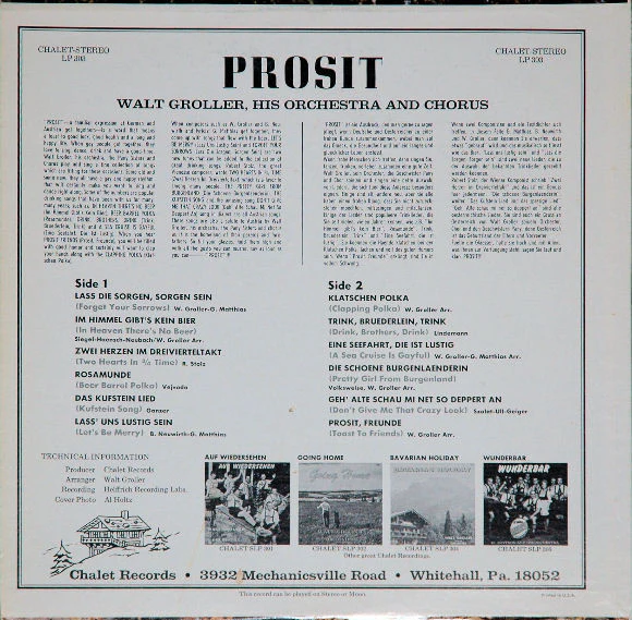 Walt Groller And His Orchestra - Prosit (LP, Album) (Very Good (VG)) - Image 2