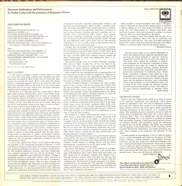 Walter Carlos - Switched-On Bach (LP, Album, RE) (Very Good Plus (VG+)) - Image 2