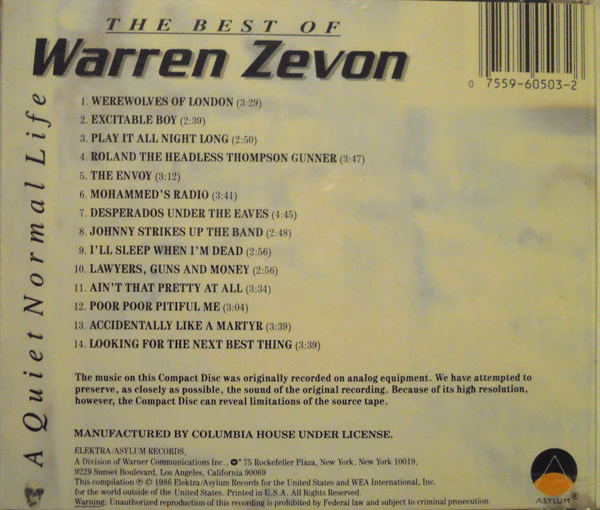 Warren Zevon - A Quiet Normal Life: The Best Of Warren Zevon (CD, Comp, Club, RE) (Very Good Plus (VG+)) - Image 2