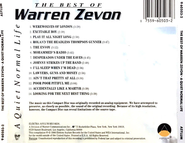 Warren Zevon - A Quiet Normal Life: The Best Of Warren Zevon (CD, Comp, Wes) (Near Mint (NM or M-)) - Image 2
