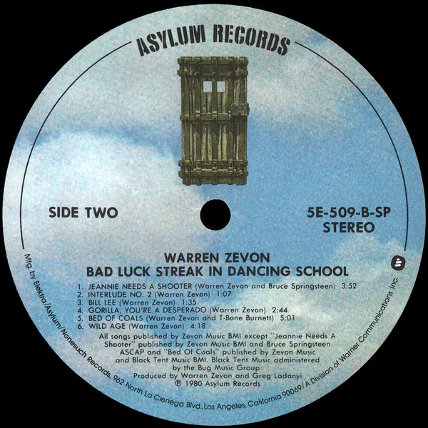 Warren Zevon - Bad Luck Streak In Dancing School (LP, Album, SP ) (Very Good Plus (VG+)) - Image 4
