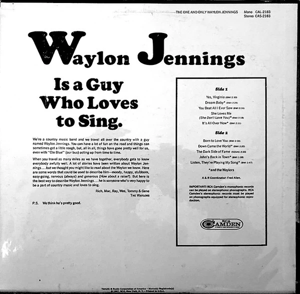 Waylon Jennings - The One And Only Waylon Jennings (LP, Album, Ind) (Very Good Plus (VG+)) - Image 2