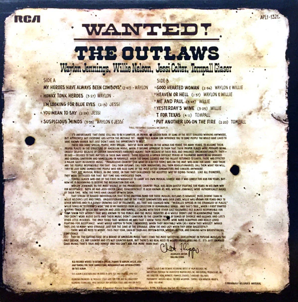 Waylon Jennings, Willie Nelson, Jessi Colter, Tompall Glaser - Wanted! The Outlaws (LP, Album, Comp, RP, Ind) (Very Good Plus (VG+)) - Image 2
