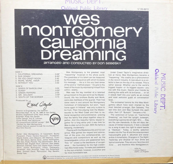 Wes Montgomery - California Dreaming (LP, Album, MGM) (Very Good (VG)) - Image 3