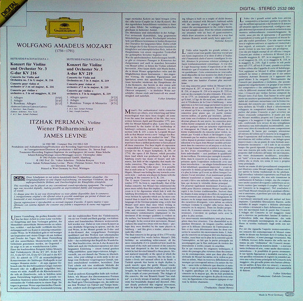 Wolfgang Amadeus Mozart • Wiener Philharmoniker • Itzhak Perlman • James Levine  - Violinkonzerte - Violin Concertos Nos. 3 & 5 (LP) (Mint (M)) - Image 2