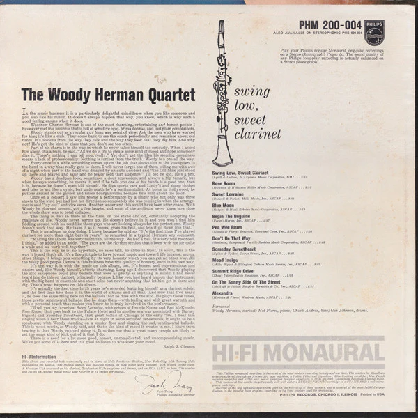 Woody Herman Quartet - Swing Low, Sweet Clarinet (LP, Album, Mono) (Very Good Plus (VG+)) - Image 2