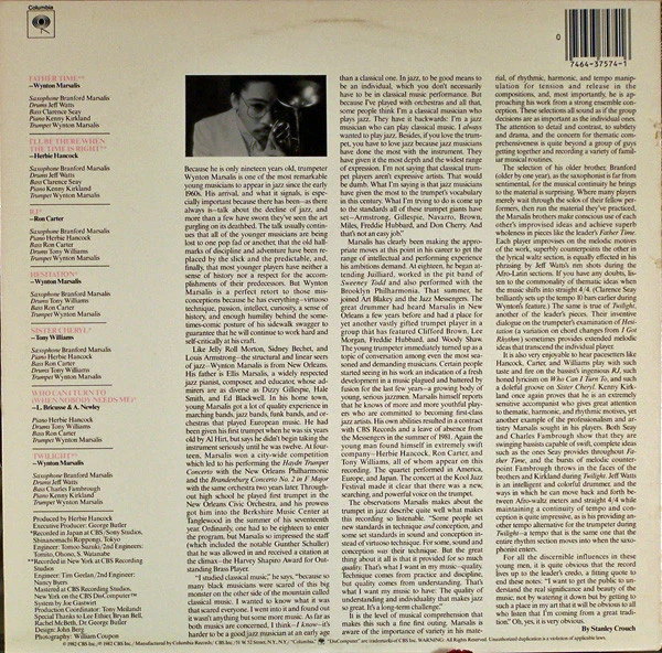 Wynton Marsalis - Wynton Marsalis (LP, Album, Pit) (Very Good Plus (VG+)) - Image 2