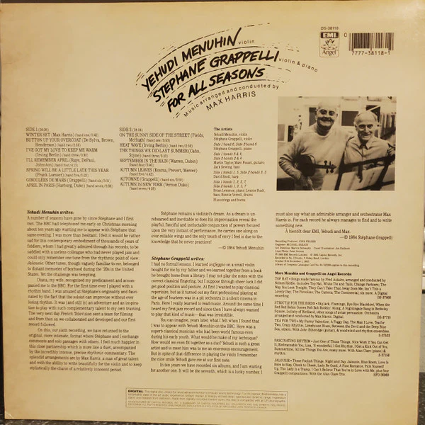 Yehudi Menuhin & Stéphane Grappelli - For All Seasons (LP, Album) (Very Good Plus (VG+)) - Image 2