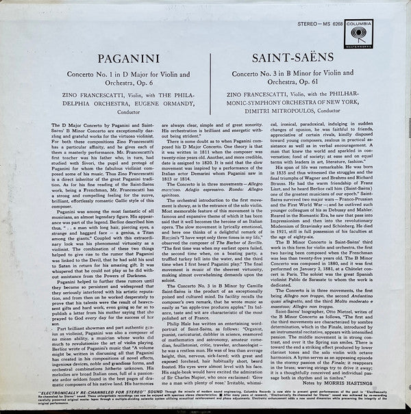 Zino Francescatti Violin - Eugene Ormandy Conducts The Philadelphia Orchestra / Dimitri Mitropoulos Conducts The New York Philharmonic Orchestra / Niccolò Paganini, Camille Saint-Saëns - Paganini Concerto No. 1 In D Major For Violin And Orchestra, Op.6 - Image 2