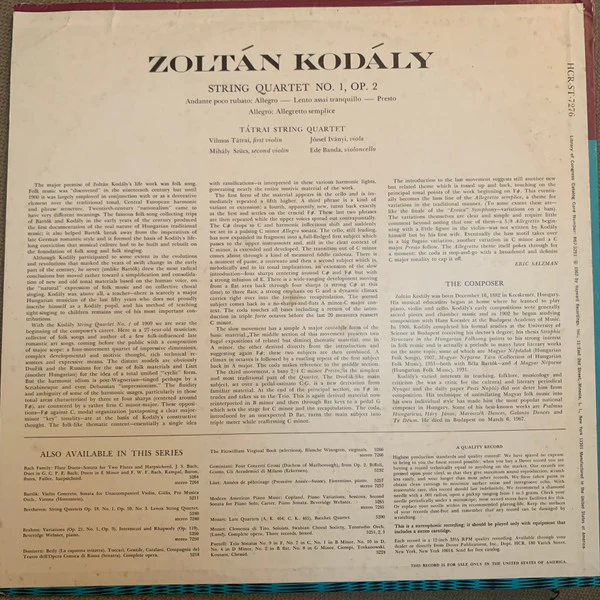 Zoltán Kodály - Tátrai Quartet - String Quartet No. 1, Op. 2 (LP) NEW & SEALED - Image 2