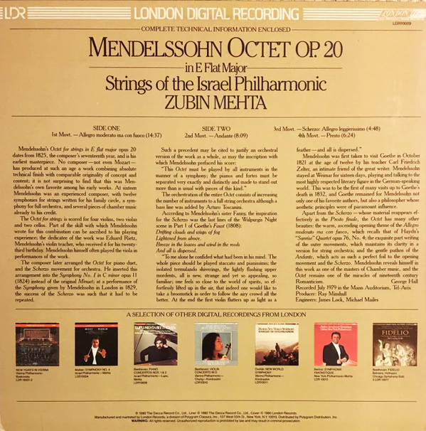 Zubin Mehta, Felix Mendelssohn-Bartholdy, The Strings Of The Israel Philharmonic Orchestra -  Octet Op 20 (LP) (Very Good Plus (VG+)) - Image 2